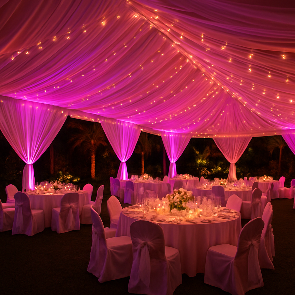 Salón de eventos La Palmera iluminado de noche